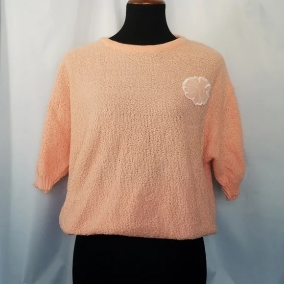 Vintage Peach Embroidered Flower Short‎ Sleeve Sweater - Picture 15 of 16